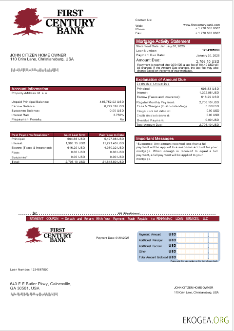 États , Unis Géorgien Gainesville First Century Bank relevé hypothécaire aux formats Word et PDF